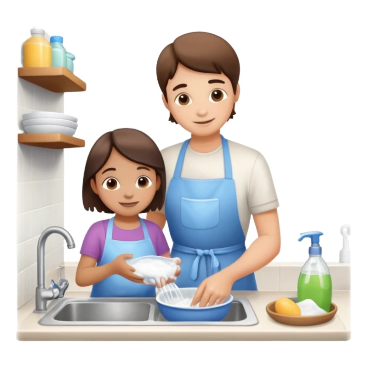 child and parent washing dishes together, friendly and caring sticker