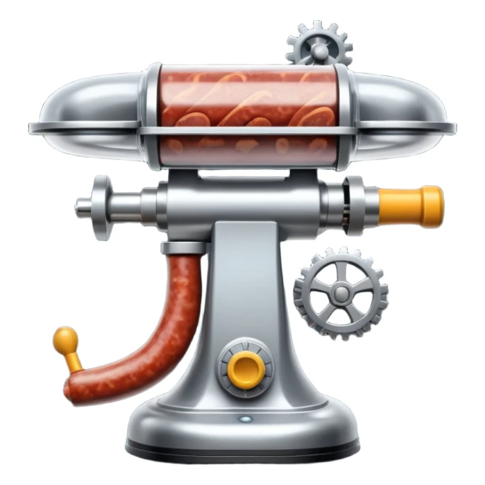 sausage-processing droid. retro-futuristic style. top is a circular industrial meat grinder with rotating gears and blades. Two robotic arms feed material into grinder. Sausage links extrude from the rear like  factory. The body is metallic, compact, and floats above the ground.no legs. Dark humor sticker