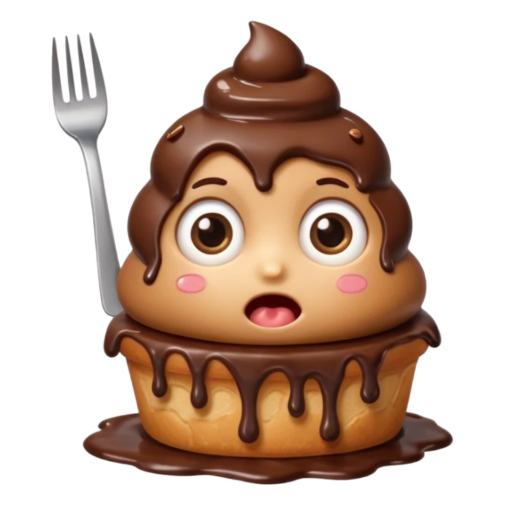 Funny cartoon chocolate mini pastry, holding tiny fork, wide shocked eyes, messy chocolate dripping, chibi style, Twitch emoji style, transparent background, colorful
 sticker