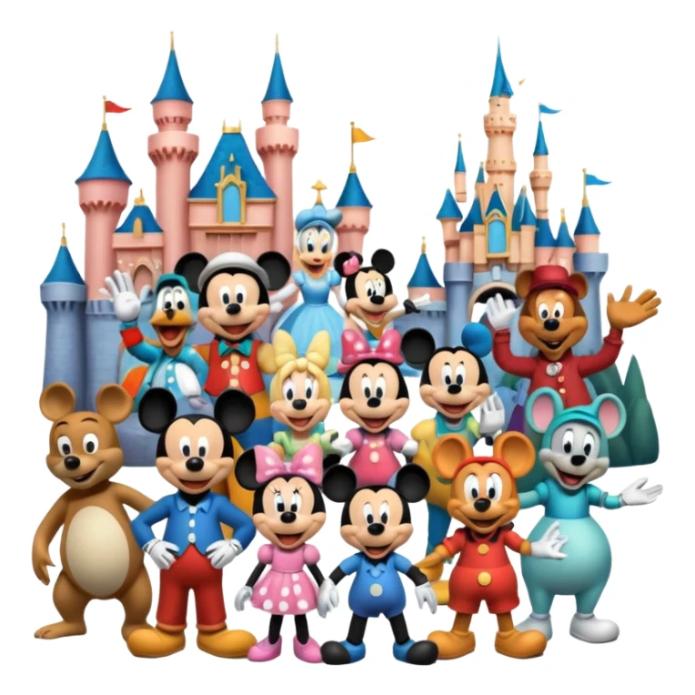Colorful icon for Animated Movies: A vibrant collage featuring iconic characters like Goofy, Mickey Mouse, Franco, Masha and the Bear and Luntik. Each character should be large and bright, set against a cheerful and playful background of Disneyland. Transparent background. sticker