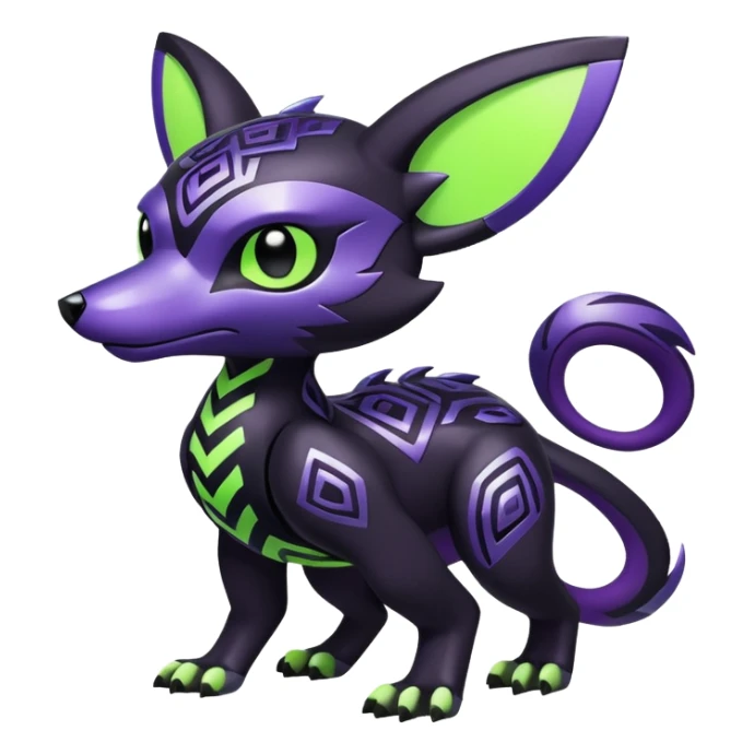 Futuristic modern badass cool shiny metallic alloy black-obsidian purple neon-green white lime animal hybrid Fakemon full body with intricate patterns sticker