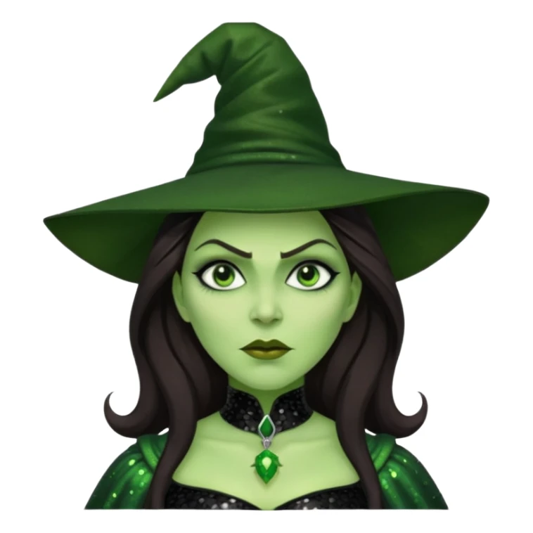 The Wicked Witch from Oz with long dark brown hair, black sequin outfit, green skin sticker
