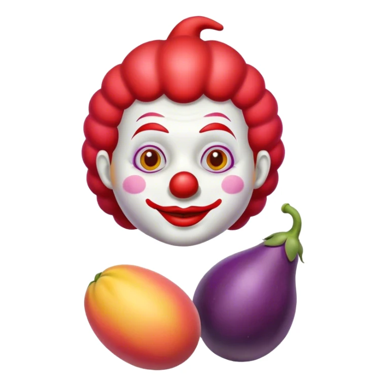 A clown peach holding an eggplant sticker