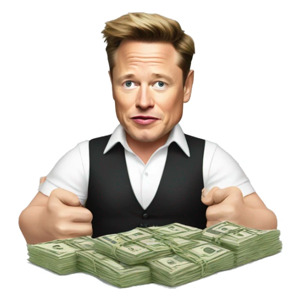 Elon musk with money in his hands with Gordon Ramsay eating stake sticker