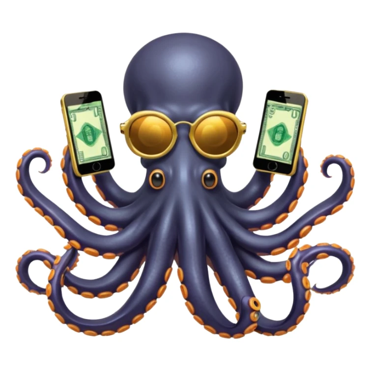 Intimidating octopus with pearl black skin, neon suction cups. Wearing mirrored sunglasses and a gold chain. 3 tentacles are holding their own cellphone, 2 other tentacles are holding stacks of money sticker