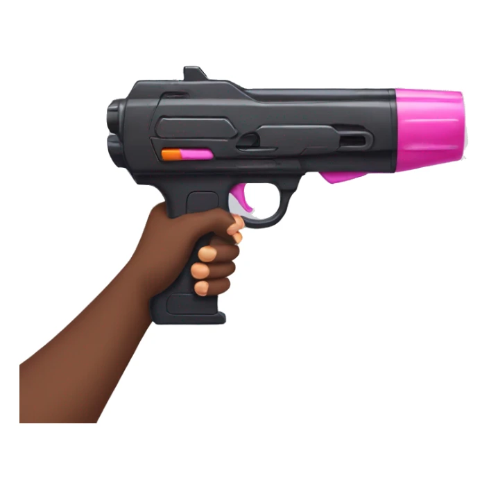 brown hand with pink nails holding large scary dark nerf gun sticker