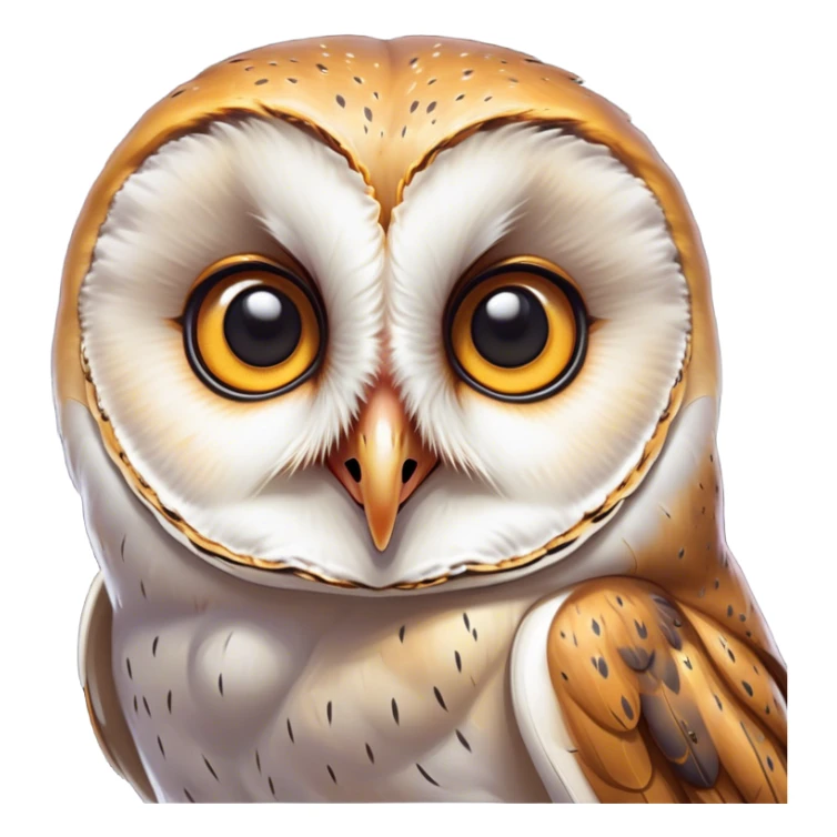 Cinematic Comical Barn Owl Portrait Emoji, Head tilted dramatically with an exaggeratedly amused expression, featuring a striking mottled plumage with bold contrasts, wide, expressive amber eyes filled with playful disbelief, Simplified yet hilariously expressive features, highly detailed, glowing with a slightly sassy glow, high shine, dramatic yet playful, stylized with an air of cheeky nocturnal mischief, bright and endearing, soft glowing outline, capturing the essence of a spirited and over-the-top owl, so meme-worthy it feels like it could hoot its way into internet fame instantly! sticker