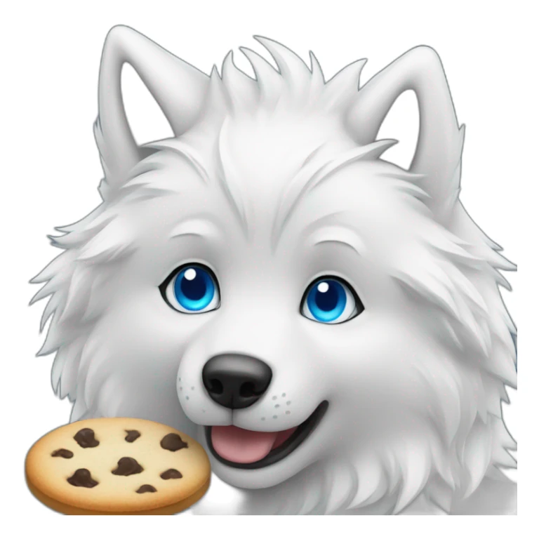 A cute white wolf with blue eyes, eating a single delicious cookie sticker