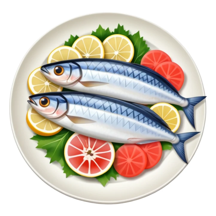 mackerel sashimi with slices of raw fish on a plate with garnish sticker
