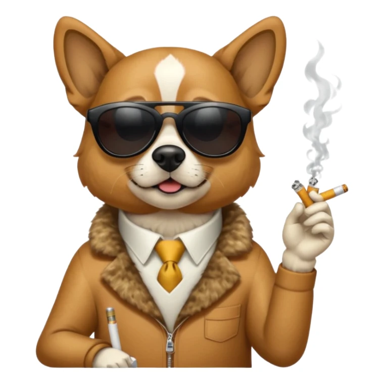 A dog with sunglasses is smoking a cigarette, dollars are flying at him. sticker