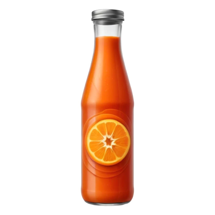 tall clear bottle filled with vibrant red-orange soup, slightly textured and opaque, soft ripples visible through the glass, chilled vegetable blend, capped with metal lid, no label or garnish, sealed bottle, apple emoji style, soft lighting, subtle shadows, transparent background, emoji scale sticker