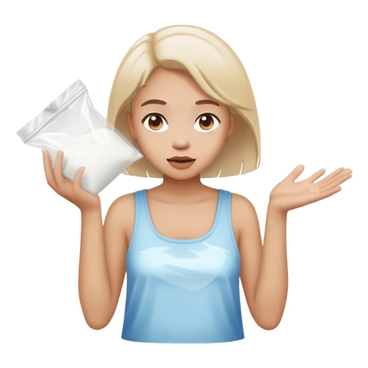 Girl shrugging holding a clear plastic bag with white powder sticker