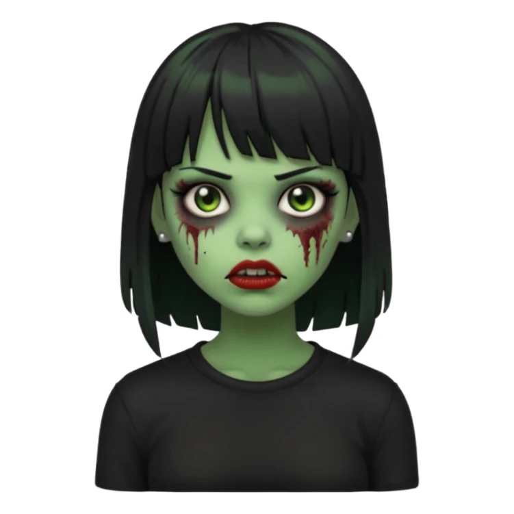 garota zumbi(cor de pele verde), com cabelos pretos e franja, roupa preta e com piercing na boca  sticker