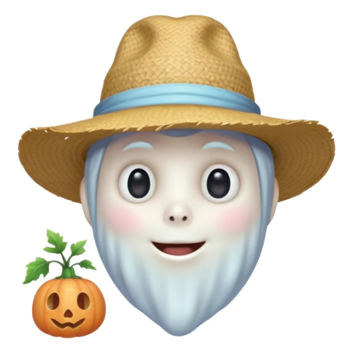 cute ghost farmer portrait, head and shoulders only, straw hat, round friendly face, soft pastel glow, harmless spirit vibe, 3D cartoon, mobile game icon style, clean background, no text, no watermark
 
 sticker