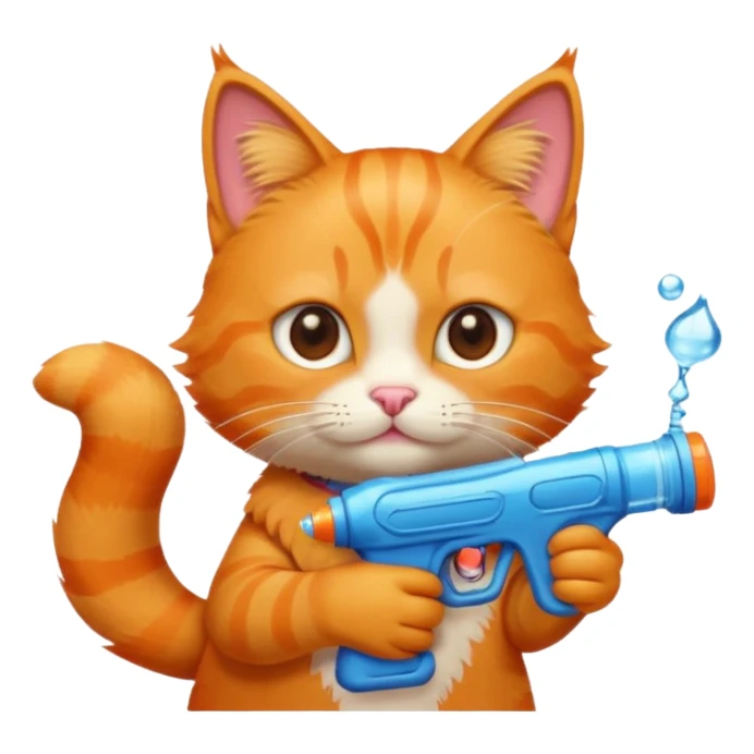 orange tabby cat, mischievous, holding a water gun, emoji style sticker