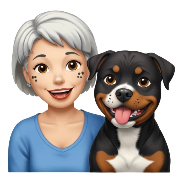 Pitt bull rottweiler white muzzle with black spots tongue out next to older woman with short silver hair sticker
