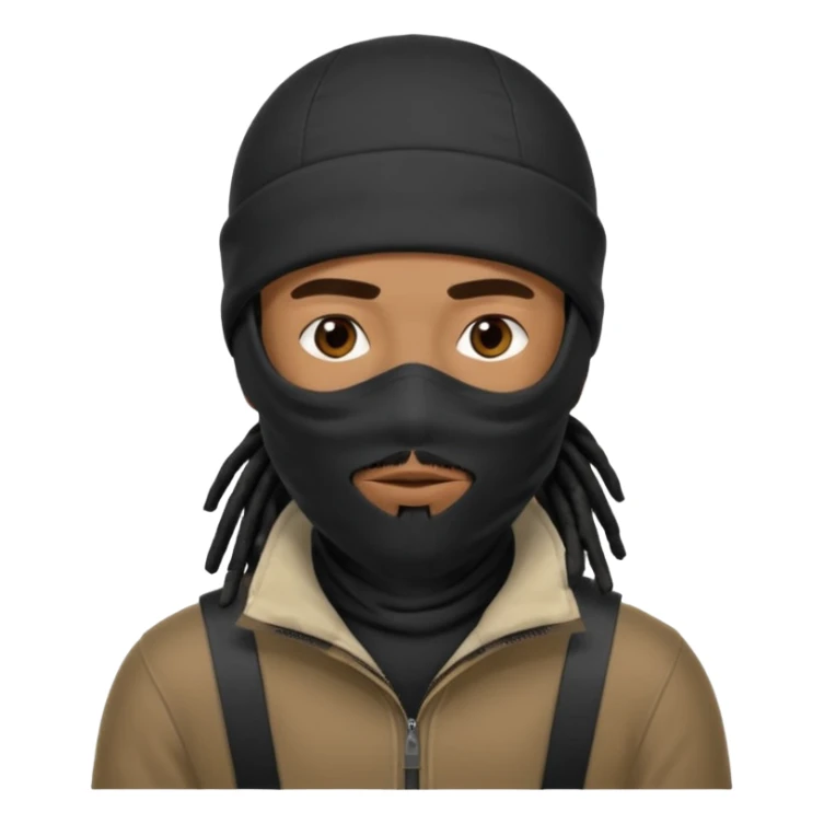 African American man with shoulder length black dreadlocks with black beard wearing a ski mask covering face sticker