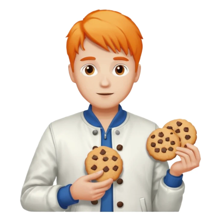 A guy with orange and white hair white jacket and holding cookies sticker