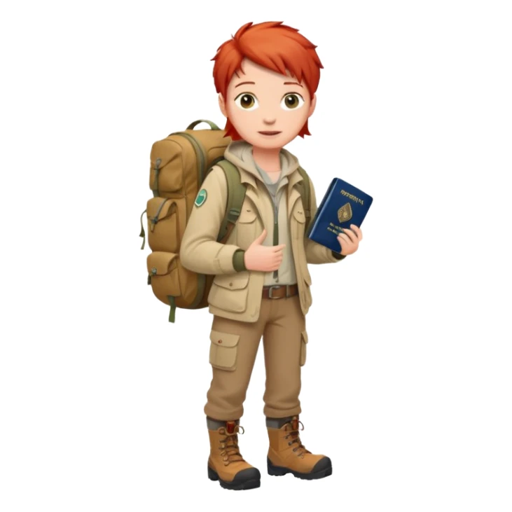 red haired Traveler character with passport, backpacker,  sticker