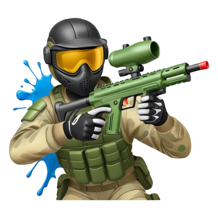 A paintball player in full gear, aiming a paintball gun with focus and determination. The scene includes vibrant splashes of paint and a dynamic battlefield setting, emphasizing action, strategy, and teamwork in a competitive environment sticker