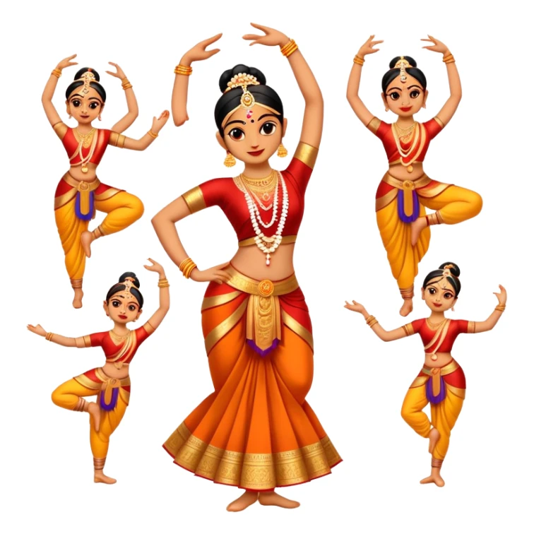 cinematic-realistic-bharatanatyam-dance-emoji,-depicted-as-an-elegant-classical-indian-dance-performance-with-graceful-poses,-intricate-costumes,-and-expressive-hand-gestures,-rendered-with-rich-textures-and-warm-dramatic-lighting sticker