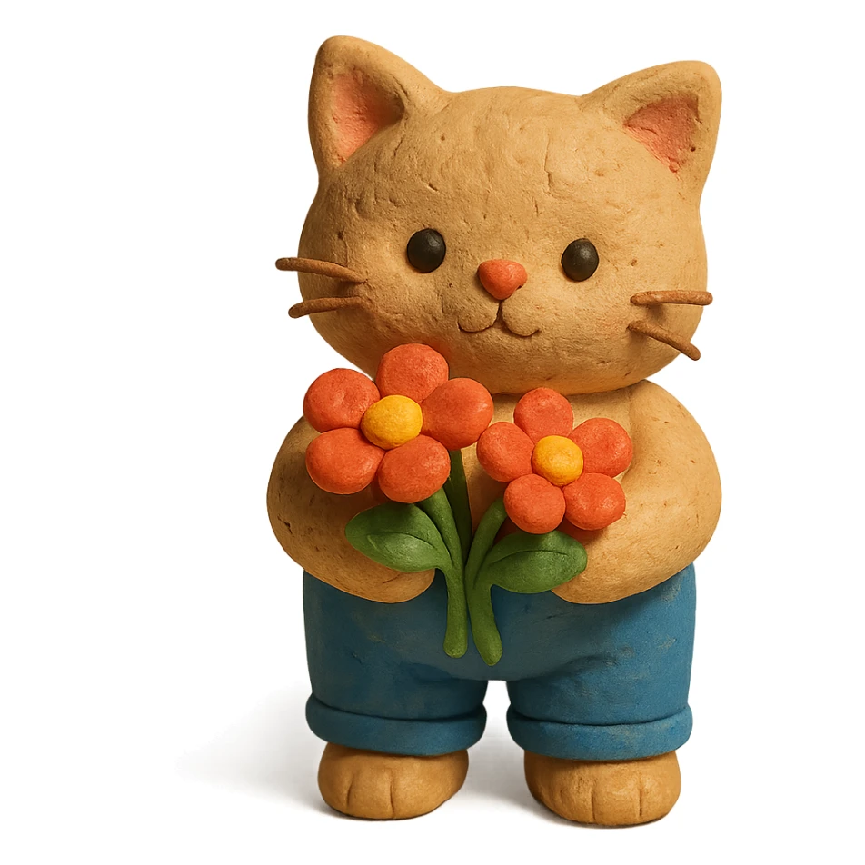 a chubby kitten dressed in pants and holding flowers sticker
