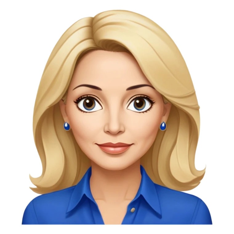 Linette Torres, 50-something Puerto Rican actress with fair complexion, beautiful mature facial features, bright expressive eyes, defined cheekbones with slight age lines, full lips with warm smile, blonde hair with sophisticated styling, wearing a stylish blue blouse sticker