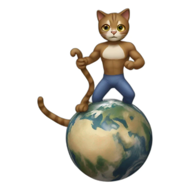 high definition, a cat man uses a leverage to lift the Earth sticker