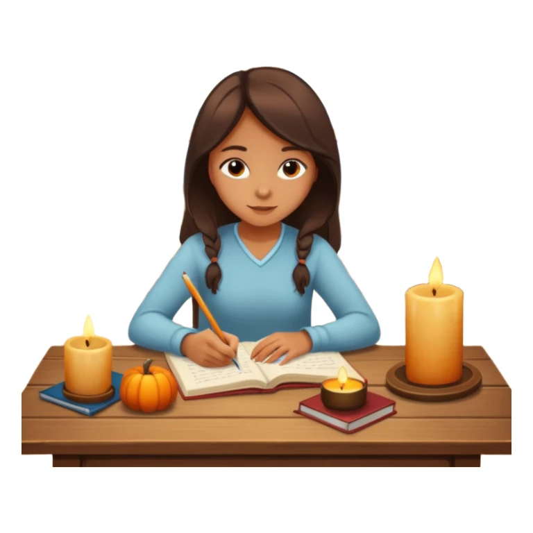 Girl writing in a journal on a desk with a candle on it next to a window with fall scenery sticker