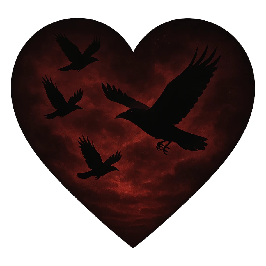  heart with red night sky and dark ravens, remove background sticker