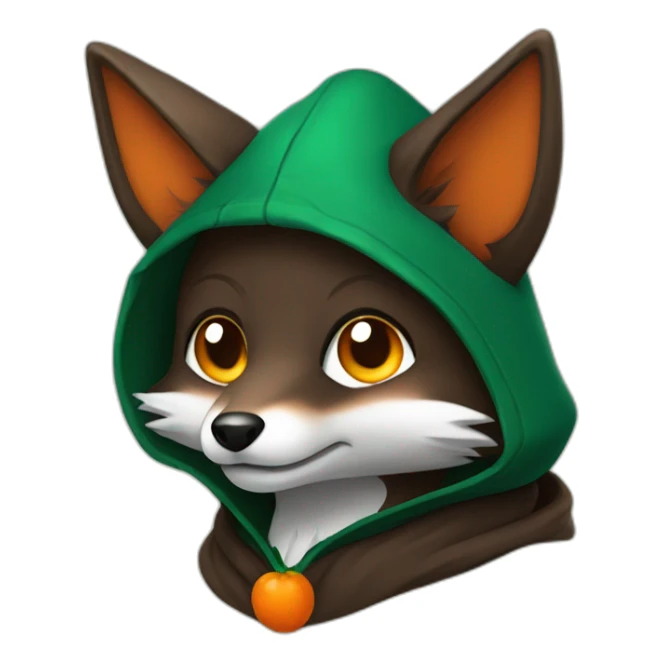 a small dark brown fox with orange eyes with a dark green hood that smile sticker