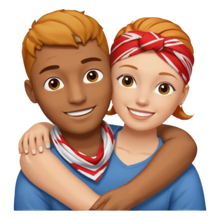 Two people hugging, brown guy with a buzzed cut and bandana, and a white woman with ginger hair sticker