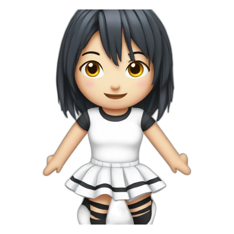 Frontal view curvy emo girl sits white skirt striped stockings hands up sticker