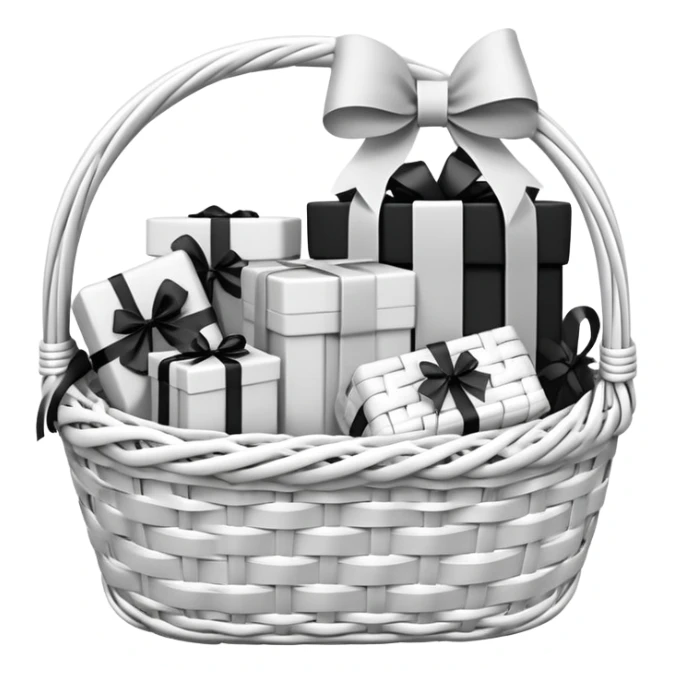  white small gift basket with small gifts inside and the gift basket color white and black sticker
