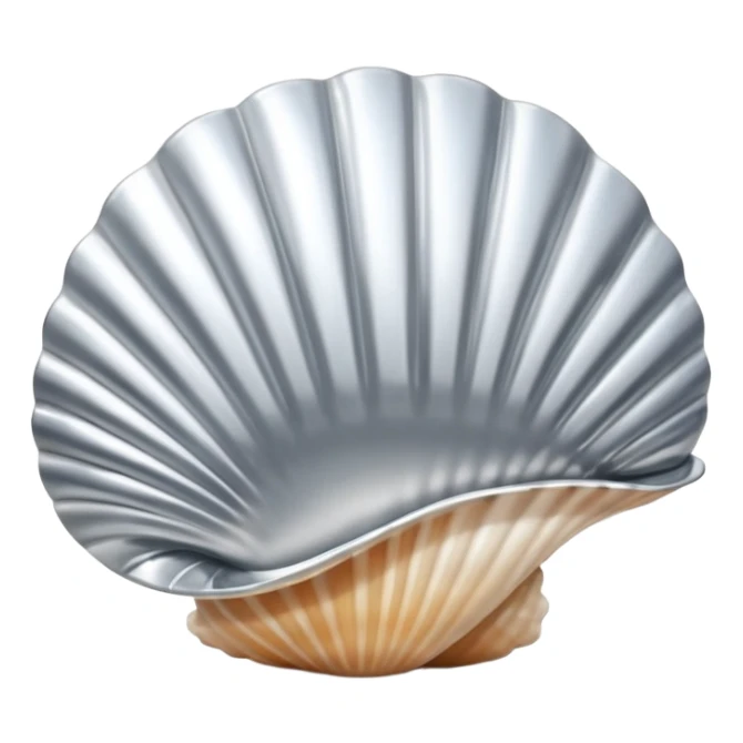 A seashell emoji made of polished silver chrome, smooth curved surface, reflective metallic highlights, elegant minimal design, iOS emoji style, centered, clean white background, soft lighting sticker