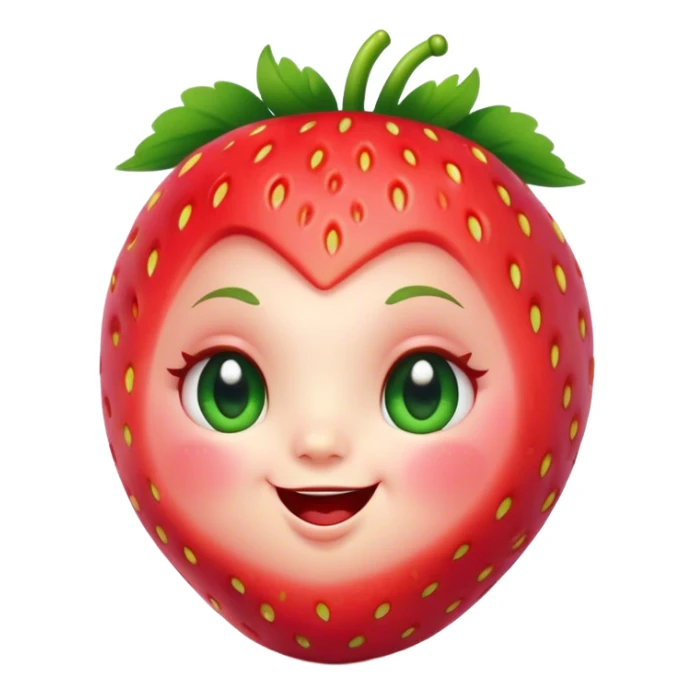 Cinematic plump happy strawberry, glossy bright red, tiny round eyes and blushing cheeks, green leafy top slightly tilted, cheerful and charming. sticker