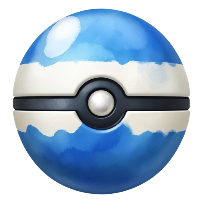 blue pokeball emoji, top half is a more saturated blue, bottom half is white, black stripe, with a white sheen, with a pearlescent finish, with a watercolor effect sticker