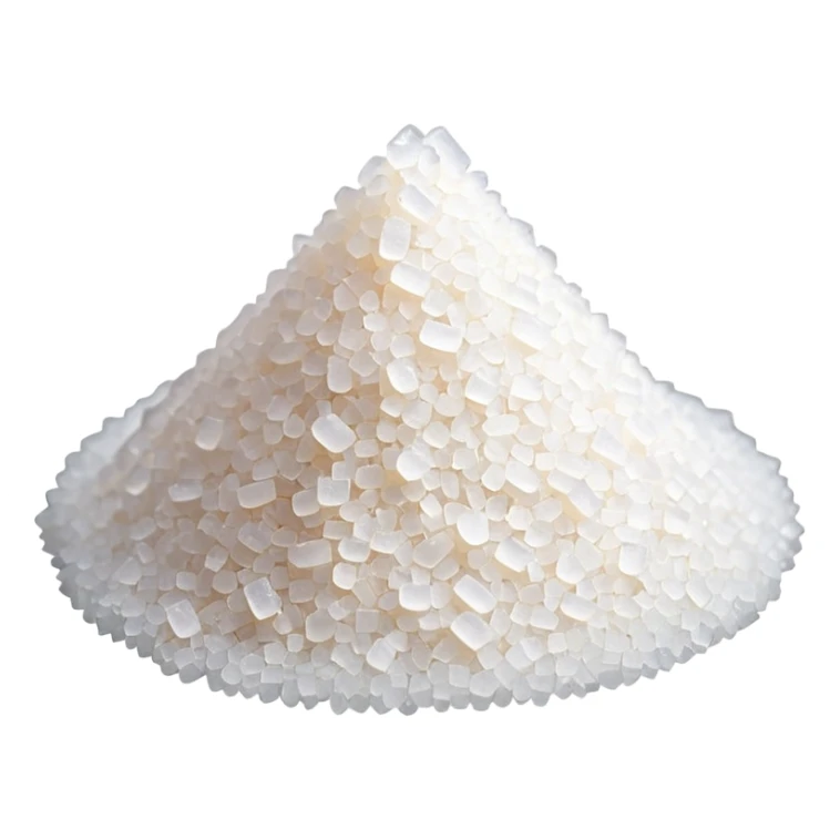 small pile of bright white granulated sugar, fine uniform grains, crystalline sparkle, clean dry evenly textured surface, soft lighting, subtle shadows, emoji scale sticker