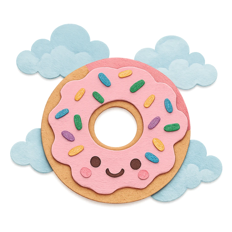 kawaii donut with rainbow sprinkles and happy face, floating in a dreamy cloud background, paper craft style sticker
