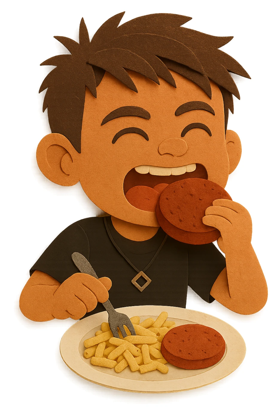 The same boy is now greedily chewing the meat patty sticker