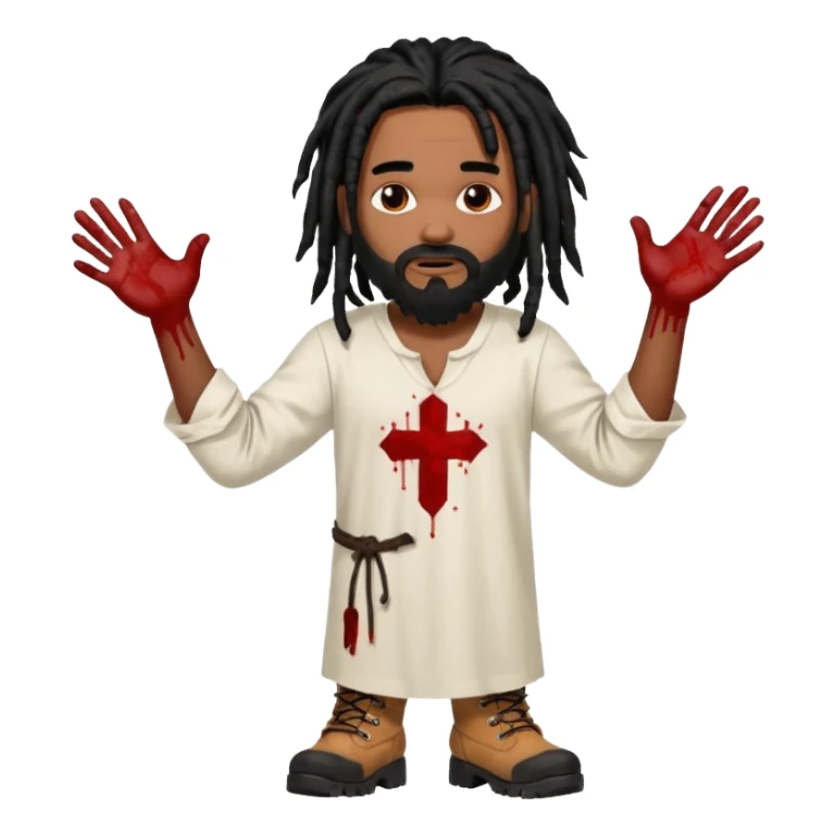 African American man with shoulder length black dreadlocks with black beard wearing a white tunic with blood on it wearing timberland boots with hands out sticker