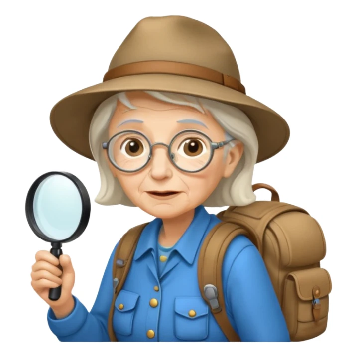 Explorer old woman backpack and magnifying glass, voyarer sticker