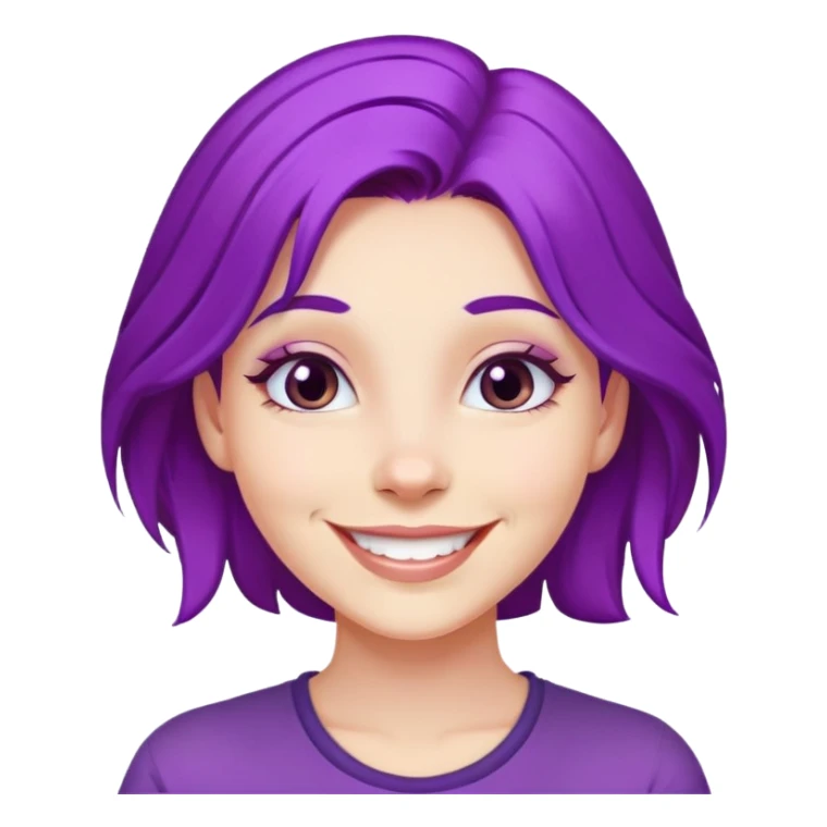 A girl with vibrant purple hair, smiling face sticker
