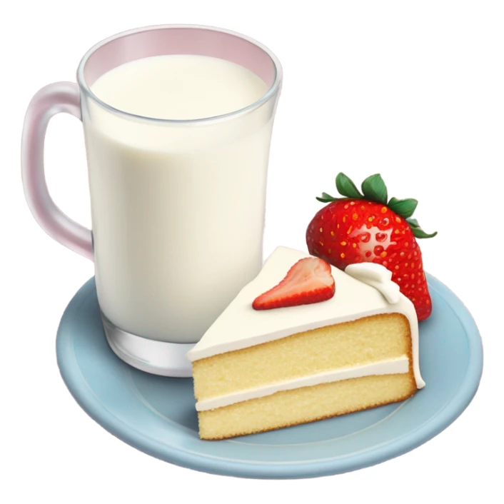 Milk at glass and vanilla cake strawberry at plate sticker