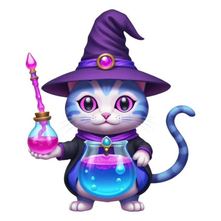 Purple witch cat full body with pink potion neon  and blue potion bubbling neon sticker