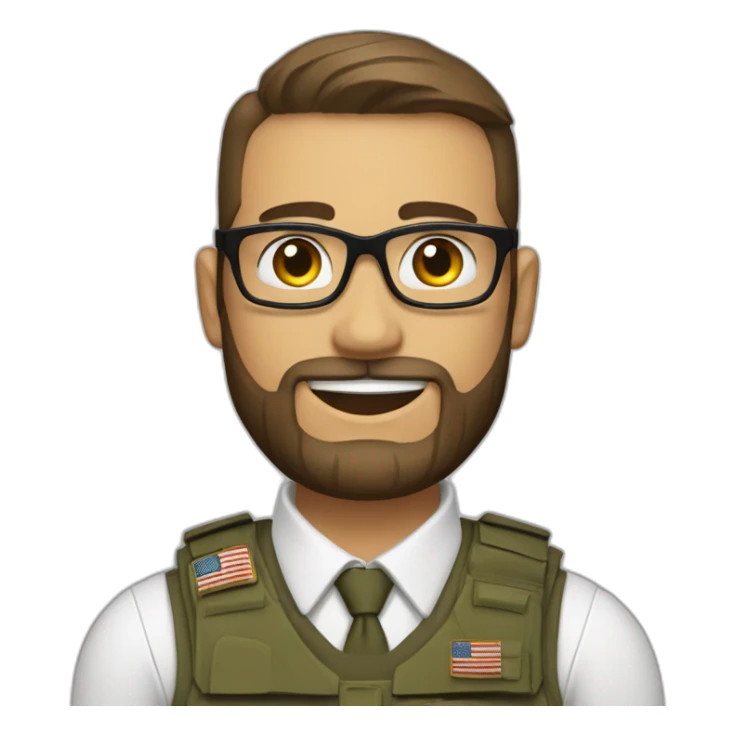soldier with a beard, a part in hair, wearing glasses, a white collared shirt, a bow tie, bulletproof vest with an american flag sticker