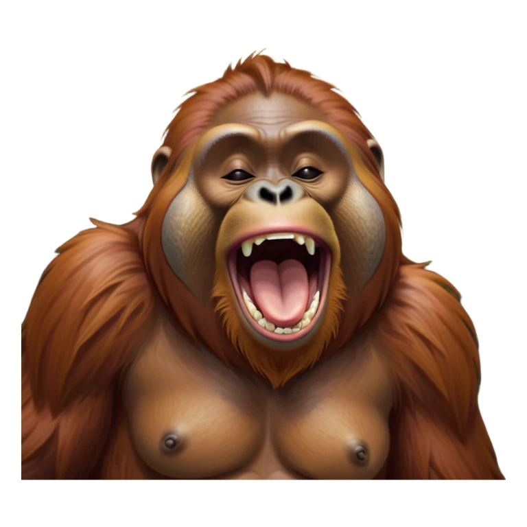 Cinematic Cute Yawning Orangutan Portrait Emoji, Head tilted slightly with a dramatic, wide-open yawn, showcasing a richly textured face with half-closed, sleepy eyes and a relaxed, open expression, Simplified yet irresistibly adorable features, highly detailed, glowing with a soft, cozy jungle glow, high shine, relaxed yet expressive, stylized with a dash of whimsical charm, soft glowing outline, capturing the essence of a drowsy yet affectionate guardian that appears ready to stretch out for a nap! sticker