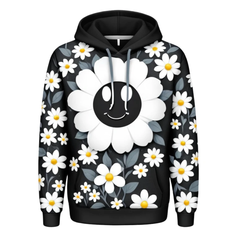 The BLACK Denim Tears Hoodie features a black base with distinctive black and white flowers. Each flower has a white outer ring with an empty space in the middle, creating a hollow, open design. These patterns are scattered across the hoodie for a bold and unique look. sticker