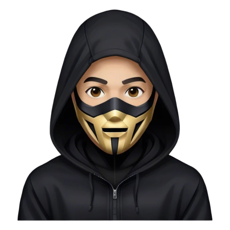 man with black hooded jacket and a full-black full-face geometric mask sticker