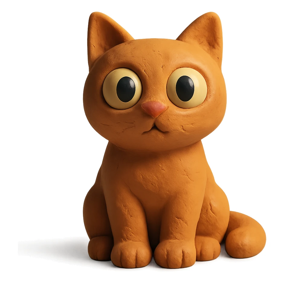cat sitting with big eyes and soft lighting in claymation style sticker